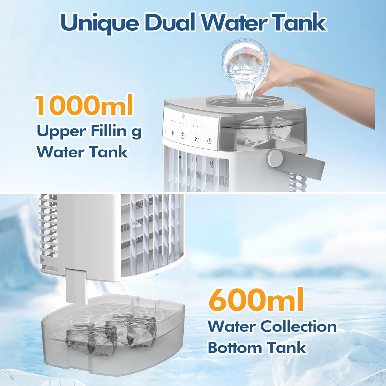 Portable Air Conditioners, 1600Ml Dual Water Tank Portable AC Unit, 3 Speed 2 Mi