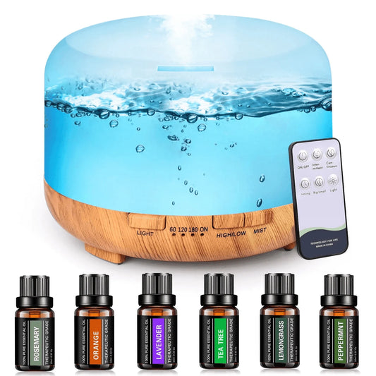 500Ml Aroma Diffuser with 6*10Ml Essential Oil with Remote Control for Large Room Home Office Car, Aromatherapy Fragrant Oil Air Humidifier Vaporizer for Gift